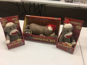 lot 180 image: Brand New Lot of THREE Sock Monkey Toys -Rollover & Talking Models