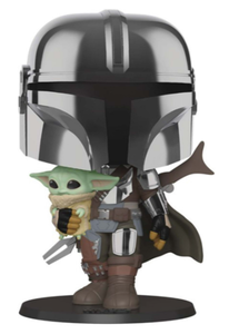 lot 166 image: Brand New POP Star Wars 10 Chrome Mandalorian Holding Baby Yoda