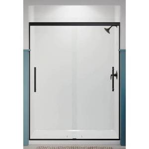 lot 124 image: Kohler Pleat 59.625 in. x 79.0625 in. Frameless Sliding Shower Door in Matte Black with Crystal Clear Glass.