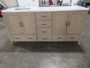 lot 133A image: Sedona 72 in W. Double Vanity in Fawn Grey with Faux Marble Vanity Top in White with White Basins - Cracked Top - Vanity Cabinet in Nice Condition.