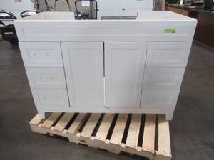 lot 139 image: Thornbriar 48 in. W x 21.52 in. D Vanity Cabinet in Polar White - Cracked Back Top Board.