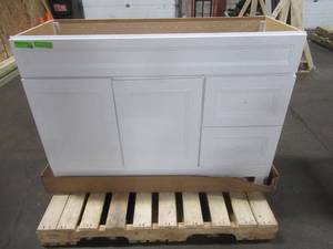 lot 142 image: Sedgewood 48-12 in. W Bath Vanity in White - Doors are loose and need tightening.