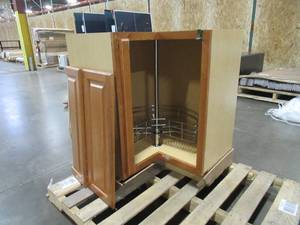lot 314 image: Hampton Bay Assembled 28.5 Lazy Susan Corner Base Kitchen Cabinet Model KBLS36-MO (Cabinet Door Damaged) See Photos