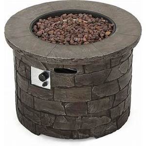 lot 322 image: Allen  Roth Stacked Grey Stone Portable Composite Propane Gas Fire Table 36.2-in W 50000-BTU ( Stone Table Is Damaged )See Photos