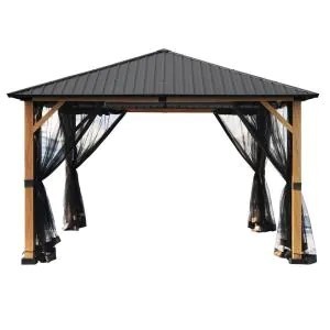 lot 161 image: LAUREL CANYON 12 ft. x 12 ft. Wood Like Metal Outdoor Patio Gazebo with Mosquito Netting, TPWDGR1212 - Unclaimed Freight.