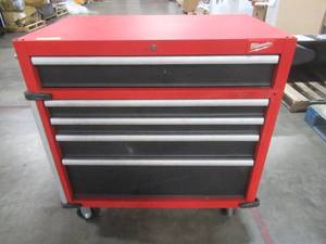 lot 326 image: Milwaukee High Capacity 36 in. 5-Drawer Roller Cabinet Tool Chest - Scratch and Dent - Loose Bump guards - Lock on Drawers needs to be reassembled.