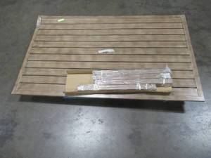 lot 159 image: 70 x 42 Aluminum Table With Wood Grain Finish - Missing Hardware, Dented Side and Corner.