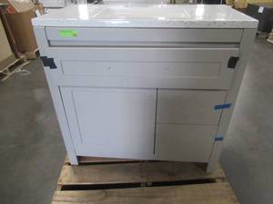lot 351 image: Clady 36.50 in. W x 18.75 in. D Bath Vanity in White with Solid Surface Vanity Top in Silver Ash with White Basin - Cabinet needs some work. Top in good condition.