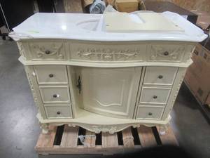 lot 361 image: Winslow 45 in. W x 22 in. D Bath Vanity in Antique White with Vanity Top in White Marble with White Basin - Broken Top and Door. Drawers Stick a bit.
