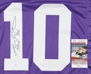 lot 14 image: Minnesota Vikings Legend Fran Tarkenton Signed & Inscribed HOF 86 Purple Pro Style Jersey JSA Authenticated