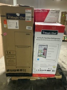 Pallet of UsedDamaged Mini Refrigerators & Chest Freezer. Various Kinds & Conditions. See Pictures