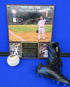 TODD HELTON FINAL CAREER HOME GAME PLAQUE, BABE RUTH COMMEMORATIVE BALL AND LIL CLEATS