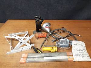 lot 57 image: Large Lot of Garage Misc. - New Snowblower Chains (4.103.50 x 5), Drawer Slides, Shelf Brackets, Antique Badger Jack and More