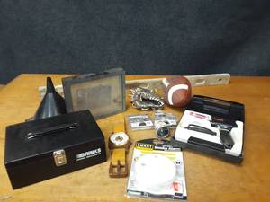 lot 96 image: Lot of Misc. - Cash Box, Shadow Box, Level, Football, Baseball Glove, Soldering Gun and More - NO SHIPPING