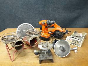lot 119 image: Black and Decker Drill  Saw Kit - One Battery is working, Propane Heaters and Stove - NO SHIPPING