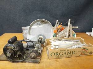 lot 136 image: Antique Craftsman Grinder Assembly GE Electric Motor 16 HP 1 Phase, Grain Storage Probes, Sieves and More