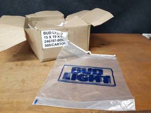 lot 142 image: Case of BUD LIGHT Clear Plastic Bags - about 19 x 15