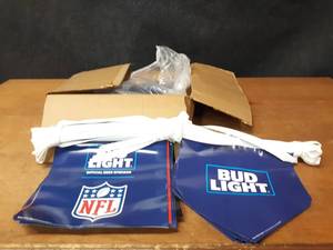 lot 146 image: Case of (6) BUD LIGHT Pennant Flags - Unsure of the length of these - There are (5) of the NFL type and (1) of the Triangle one