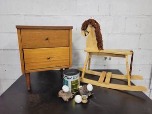 lot 192 image: Mid-Century Modern Bedside Table, Wood Rocking Horse and Antique Door Handles - NO SHIPPING