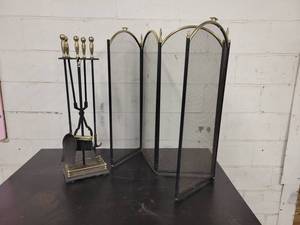 lot 201 image: Wood Fireplace Tool Kit and Screen - NO SHIPPING
