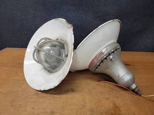 lot 216 image: Lot of (2) Vintage Industrial Killark Explosion Proof Lights w Porcelain Shades - Overall Diameter is about 16