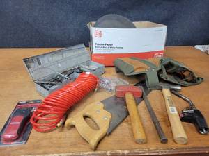 lot 219 image: Large Lot of Assorted Tools - Stud Finder (New), Drill Bits, Compressor Hose, Assorted cutoff wheels and More - NO SHIPPING