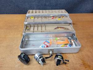 lot 311 image: Aluminum Kennedy Tackle Box w Fishing Tackle and Reels
