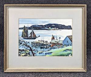 lot 153 image: Artist C. Ivar Gilbert Vintage Lithograph of Getting Into Port GP13318 in Frame - NO SHIPPING