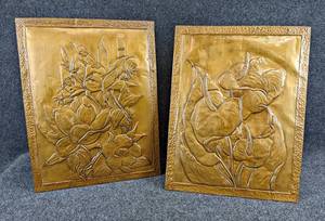 lot 158 image: Pair of Vintage Flowers in Hammered Copper & Wood Wall Art - NO SHIPPING