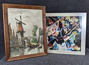 lot 159 image: Lot of 2 Pictures - Kandinsky Poster Print Composition No 6, 1913 in Clip Frame Windmill Picture Seems to be a Paint-By-Number Picture in a Frame - NO SHIPPING