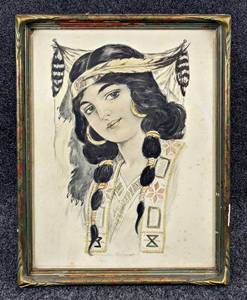 lot 162 image: Vintage Maude Richards Original Artwork - Native American Woman in Art Deco Frame - NO SHIPPING