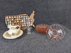 lot 223 image: Lot of (6) Pink Glass Dishes, Basin & Pitcher, Thimble Collection, and More - NO SHIPPING