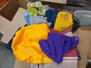 lot 256 image: Box FULL of Beautiful Fabrics, Remnants, Scarves, Blankets, and More NO SHIPPING