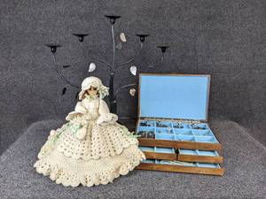 lot 268 image: Decorative Candle Holder, Doll with Crocheted Dress, and Jewelry Box with Rosaries - NO SHIPPING