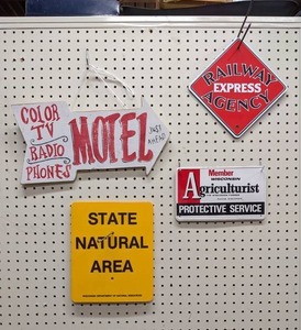 lot 269 image: Lot of (4) Signs - Agriculturist, State Natural Area, Railway Express Agency, and Motel Sign