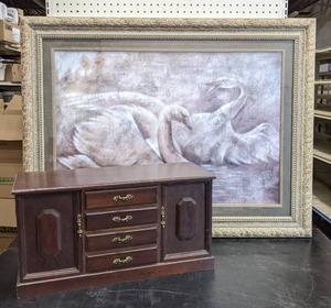 lot 271 image: Large Swan Print with Wood Jewelry Box - NO SHIPPING