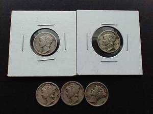 lot 2 image: 5 90% Silver Mercury Dimes