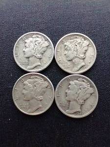 lot 13 image: 4 90% Silver Mercury Dimes