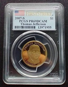 lot 14 image: 2007-S Thomas Jefferson Dollar - PR69DCAM