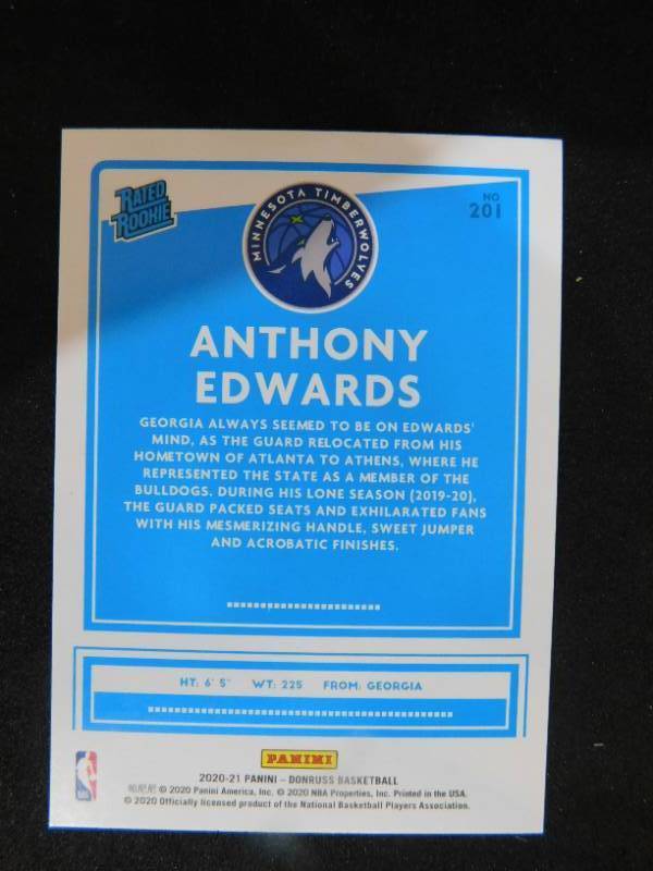 lot 140 image: 2020-21 Donruss Rated Rookie Anthony Edwards Rookie Card #201