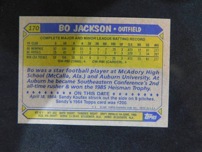 lot 74 image: 1987 Topps Bo Jackson Rookie Card #170 LK