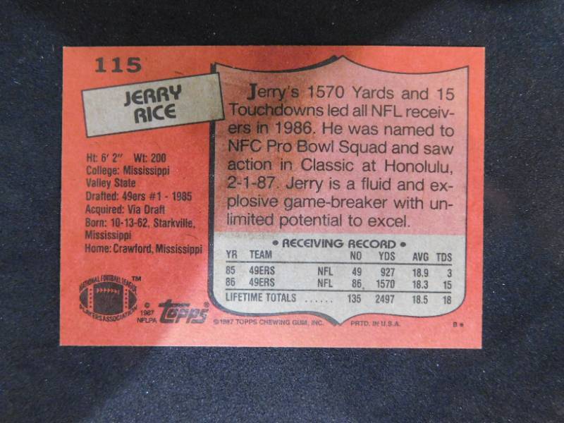 lot 77 image: 1987 Topps Jerry Rice #115 2nd Year Card HOFer LK