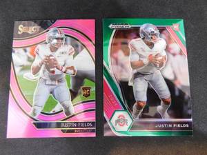 lot 12 image: 2021 Select Justin Fields Pink Prizm Paralell Rookie Card #259 & 2021 Prizm Green Rookie Card #121
