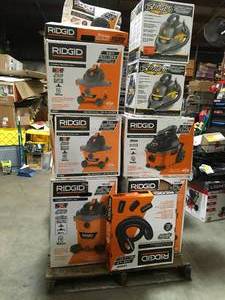 Pallet with assorted Ridgid Wet Shop Vacs various models and conditions open box customer returns see pictures