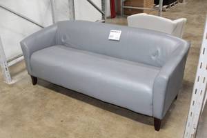 lot 60 image: Grey Faux LeatherWood Sofa