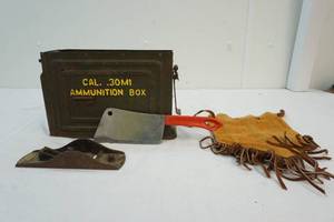 lot 50 image: ammo box,meat cleaver,leather pouch