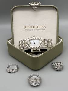 Must-Have World-Class Designer JUDITH RIPKA Watch &amp 4-Piece Ring Set VIDEOS $1,500 Retail