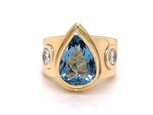 Custom Made 1.00 Carat Diamond &amp Blue Topaz 3-Stone Estate Ring in Heavy 18k Yellow Gold VIDEO $3,750 Retail