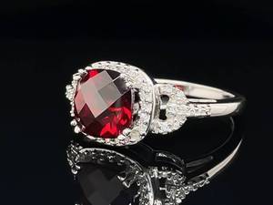Fancy Cut Deep Red Garnet & Diamond Halo Cluster Estate Ring in White Gold