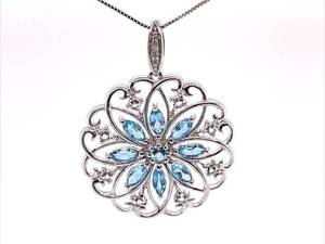 Blue & White Topaz Blooming Filigree Flower Estate Pendant in White Gold VIDEO